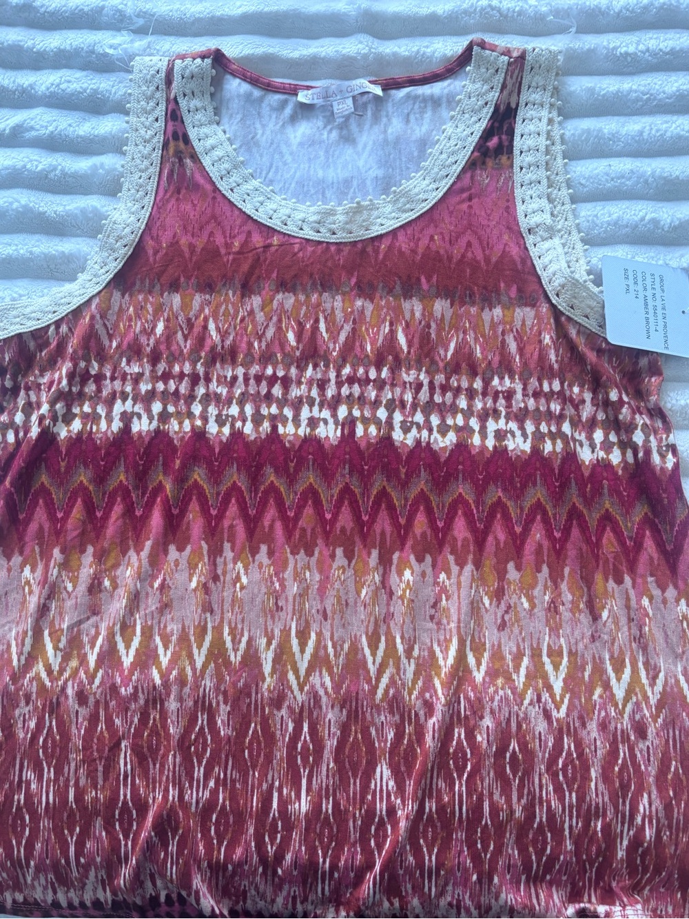 Crochet-Trim Tank Top in Multicolor Pink & Brown